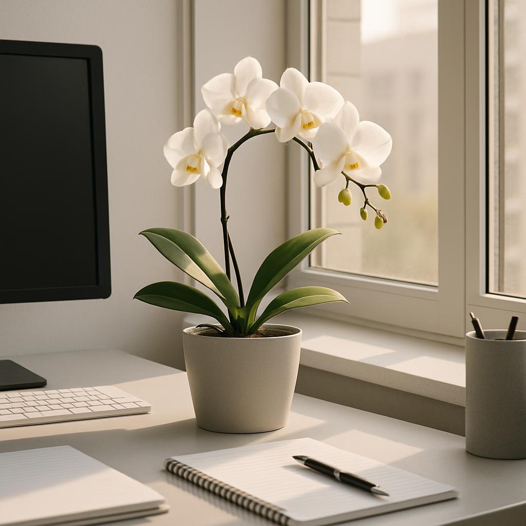 Dutch white orchid plant on a desk