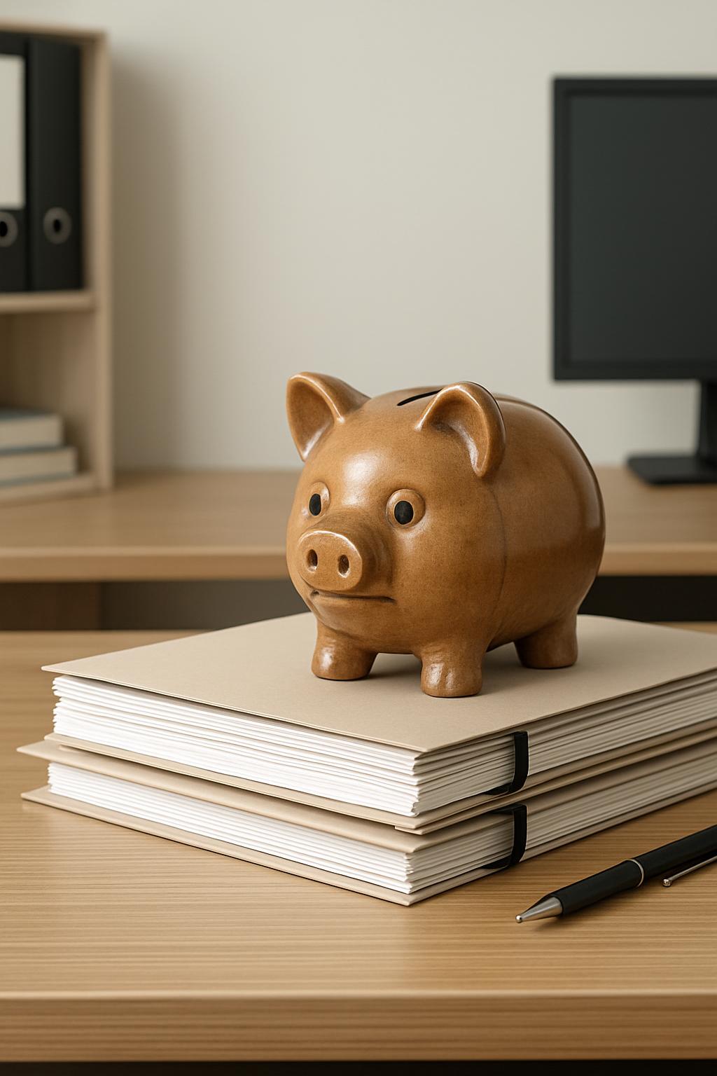 A piggy bank with books and other office supplies on a wooden table.