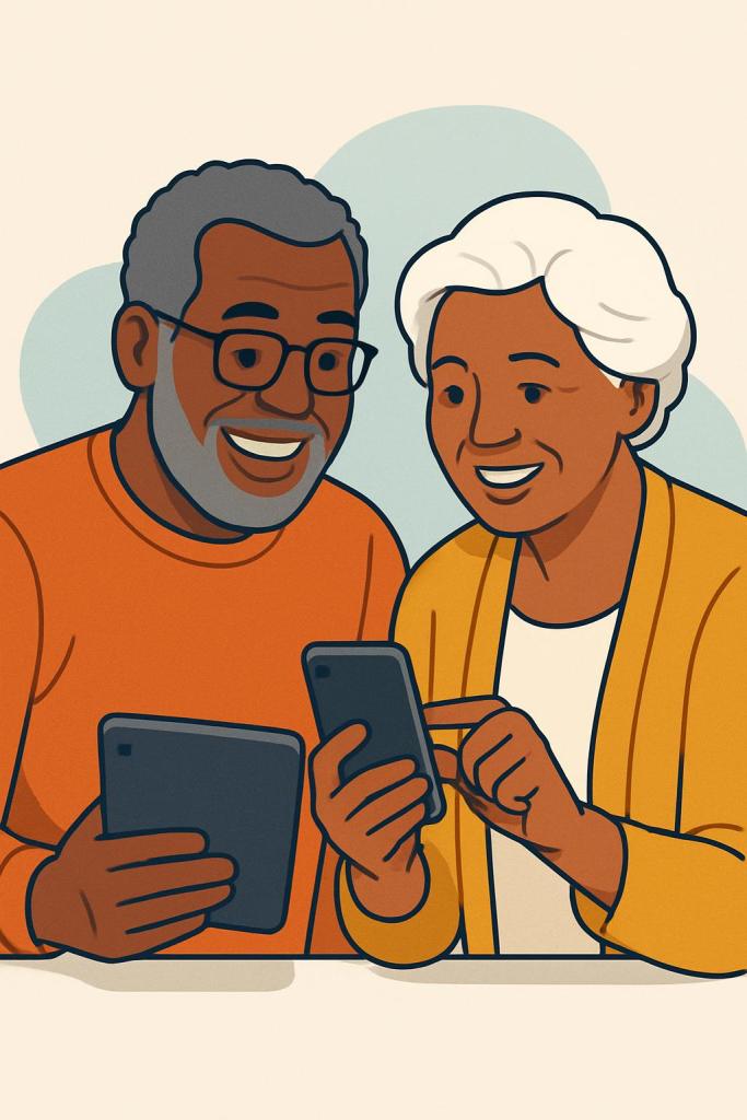 De oudere man in de afbeelding van een ouder paar met een tablet en smartphone.