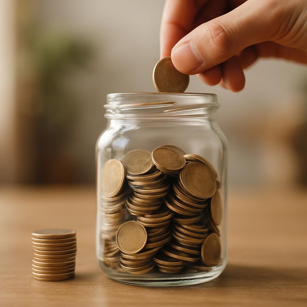 Er wordt geld in een glazen pot gebracht.