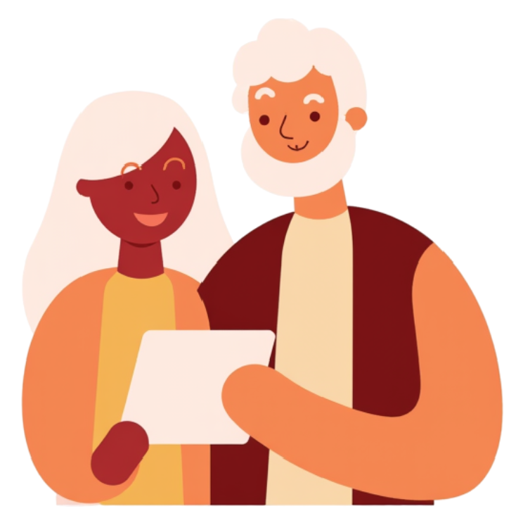 A cartoon image of an older man and woman showing a document or object.